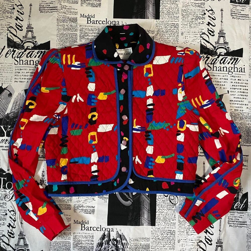 Sherri Lane red geometric pattern unique 80s vintage jacket cropped quilted sz 8